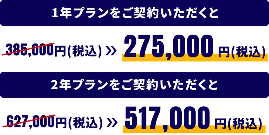 1年プランをご契約いただくと385,000円(税込)⇒275,000円(税込)2年プランをご契約いただくと627,000円(税込)⇒517,000円(税込)